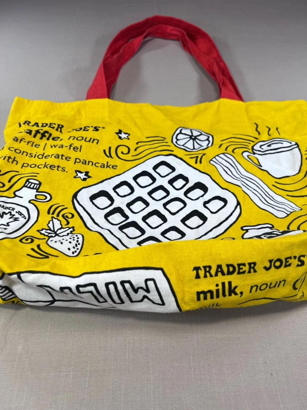 Trader Joe’s Yellow Canvas Tote Bag Red Handles Toast Milk Grocery Shopping Bag - Picture 4 of 8